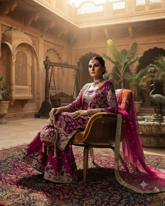 Robe de mariée traditionnelle longue en soie brodée marron pour femme, avec détails dorés et dupatta - Product Image 2