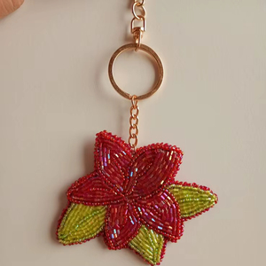 Beaded Red Flower Keychain Handmade Floral Charm Unique Gift Idea Statement Bag Accessory - Product Image 1