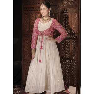 Traje Anarkali de chifón rosa RAHAT XS - Product Image 1
