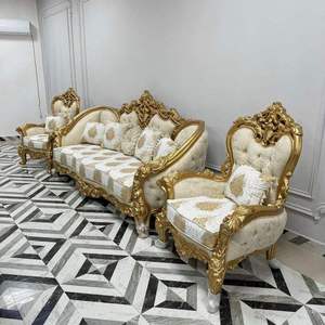 Ensemble de canapés 5 places convertible en teck massif, artisanal, avec mousse, finition or antique, mobilier de luxe pour salon d'appartement - Product Image 1