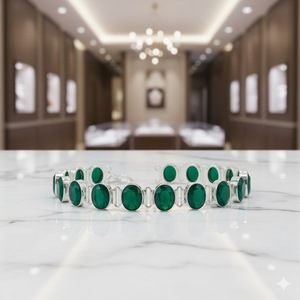 Bracelet chaîne en argent plaqué 925 avec émeraude, design classique à maillons, bijou unisexe, cadeau ethnique, pierre précieuse ovale verte pour femme, taille 7-8 - Product Image 1