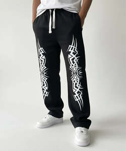 <b>Men's</b> Black Eco-Friendly High Street Sweatpants <b>White</b> Flare Pants Print Elastic Waist Drawstring Casual Loose Fit Midweight - Product Image 3