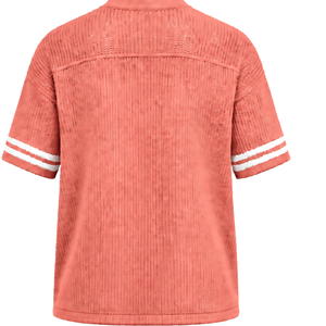 <b>Coral</b> Pink Custom Knitted V Neck Jersey Short Sleeve Striped Sports Shirt Breathable Oversized Casual Athletic Teamwear <b>Top</b> - Product Image 2