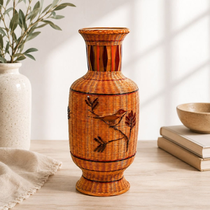 Vase en rotin tressé ouvert en forme d'arche avec insert en verre sur socle, idéal pour une décoration florale moderne, à prix de gros - Product Image 3