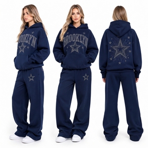 Conjunto de Sudadera con Capucha y Pantalones Deportivos Holgados con Estampado de Diamantes de Imitación Personalizados OEM, Ropa Deportiva Urbana de Gran Tamaño para Mujer, Conjunto de 2 Piezas para Invierno - Product Image 5
