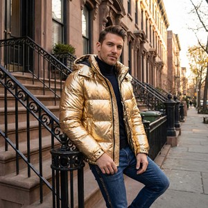 Blouson matelassé brillant pour homme, col montant, fermeture éclair dorée métallisée, chaud, à capuche, pour l'extérieur, collection automne - Product Image 5