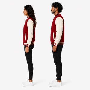 Unisex Red <b>Cream</b> Varsity <b>Jacket</b> Regular Fit Solid Color Button Closure Preppy Style Autumn Wear - Product Image 3