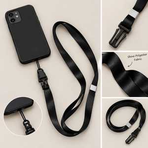Cordon de cou en polyester avec boucle en plastique et connecteur métallique plat, noir, pour badge d'identification, téléphone, clés, cartes et accessoires - Product Image 3