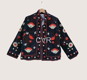 Manteau en velours pour femmes grandes tailles, col mandarin, manches longues, broderie florale à la main, style chinois, vêtements d'extérieur d'automne - Product Image 2