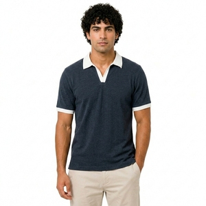 Customized Plain Men's <b>Navy</b> Blue Short Sleeve Polo Shirt Solid Color Knitted Cotton Casual Breathable Design - Product Image 1