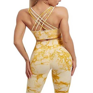 Ensemble de yoga 2 pièces : Crop top dos nageur tie-dye jaune et leggings taille haute, sans couture, extensible dans les quatre sens, en Spandex et Polyester - Product Image 5