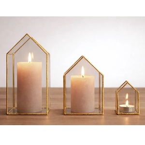 Popular Design Gold Trapezoidal European Style Hand-held Glass Candle <b>Lantern</b> Home Decoration Candlestick Candle Windproof Lamp - Product Image 2