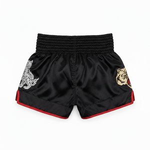 Muay Thai Shorts Black Red <b>Trim</b> Tiger Embroidery Front Logo Men's Martial Arts Wear Regular Fit Adult Size - Product Image 2
