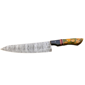 Couteau de chef à motif Damas argenté avec manche décoratif vert, noir et marron, lame fixe, couteau de cuisine pour la découpe et la cuisson - Product Image 1