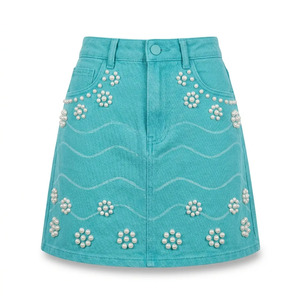 Custom womens washed denim mini <b>skirt</b> cotton denim five pocket private label supplier for U.S. retailers - Product Image 5