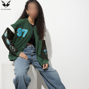 Green Varsity <b>Jacket</b> Full Sleeve Button Up Collar Patch Designs Regular Fit Women's Autumn Wear Solid Color Letter <b>Pattern</b> - Product Image 6
