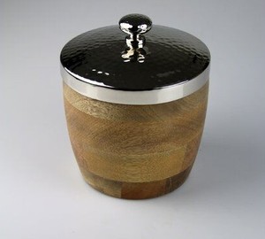 Handmade Wooden Ice <b>Bucket</b> Round Traditional Design Black <b>Lid</b> <b>With</b> Silver Trim Beverage Cooler Tub - Product Image 2