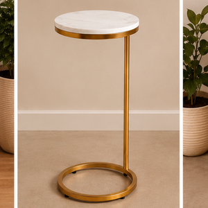 Modern Round Coffee <b>Table</b> Metal Gold Frame White <b>Top</b> Living Room Furniture Bedroom Office <b>Decor</b> - Product Image 2