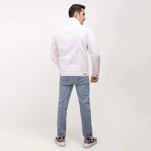 Veste en jean classique blanche pour homme, personnalisée OEM, à manches longues, décontractée, boutonnée, en polyester/nylon, coupe-vent, respirante, avec logo frontal, vêtement d'extérieur - Product Image 2
