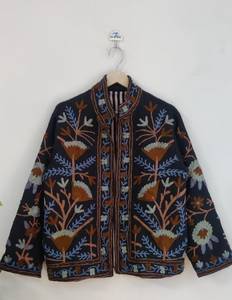 Handcrafted Black Cotton TNT Suzani Embroidered Jacket <b>Women</b> Floral Thread Work Open Front Short <b>Coat</b> Suzani Jacket <b>Women</b> - Product Image 2