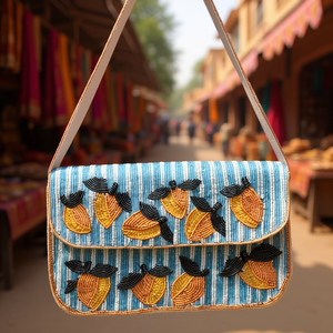 Sac rectangulaire perlé coloré fait main indien, artisanat ethnique de luxe, avec poignée baguette en perles de verre et cristaux, accessoire de mode - Product Image 3