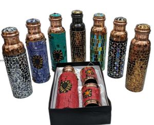 Attractive Pure Copper <b>Water</b> <b>Bottle</b> Handcrafted Mosaic Stone Work Leak Proof Design Anti-corrosion Coating Dishwasher Safe - Product Image 1