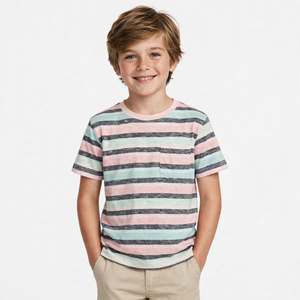 Camiseta de Manga Corta a Rayas para Niños, Diseño Moderno, Cuello Redondo, Informal, de Algodón Tejido, con Patrón de Rayas Rosa, Menta y Gris - Product Image 1