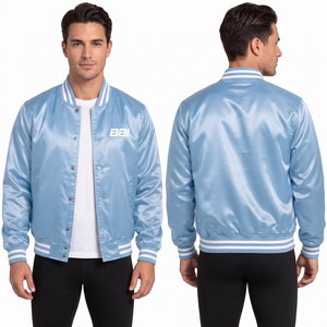 carolina blue <b>men</b> satin jacket <b>black</b> striped rib collar snap front factory direct oem cerulean <b>windbreaker</b> bulk silky track coat - Product Image 5
