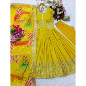 ชุดราตรีสีเหลืองออกแบบโดยดีไซเนอร์ชุดปาร์ตี้มีสไตล์ชุด Pent and Dupatta - Product Image 2