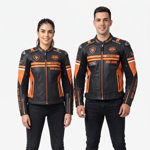 Blouson de moto unisexe en cuir à manches longues orange et noir, coupe-vent toutes saisons, veste de course, manteau de motard unisexe - Product Image 1
