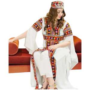 Nuevo Estilo, Vestido Afgano Blanco Abierto con Bordado, Vestido Tribal Étnico Kuchi para Mujer, Vestido de Novia con Cuello en V, Manga Larga, Largo hasta el Suelo - Product Image 1
