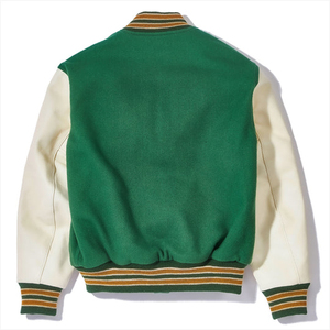 Blouson universitaire homme vert et blanc coupe droite col montant fermeture boutonnée doublure coton écologique style urbain hiver - Product Image 3