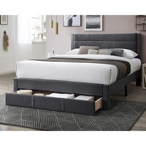 Letto Matrimoniale Contemporaneo di Lusso con Cassetto Contenitore, Testiera Imbottita in Velluto a Coste Grigio Antracite - Product Image 4