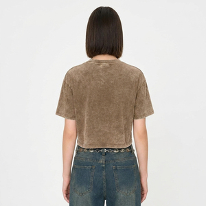 เสื้อครอปท็อปสีน้ำตาลสไตล์วินเทจสำหรับผู้หญิง ทรงบ็อกซี่ ล้างสีแบบมิเนอรัล ขายส่ง เสื้อยืดฤดูร้อน - Product Image 4