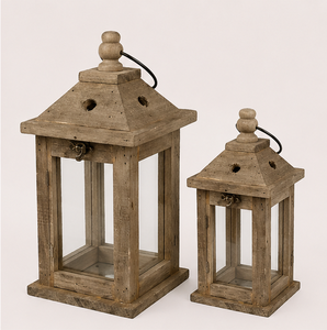 Wholesale <b>Set</b> of 2 Rustic Wooden <b>Lanterns</b> with Glass Panels Distressed Brown Farmhouse Decorative Candle Holder for Garden Decor - Product Image 5