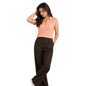 Peach Half Zip Collared Short Sleeve Polo <b>Top</b> with Brown Wide Leg Pleated Pants <b>Womens</b> <b>Smart</b> Casual Outfit - Product Image 2