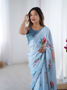Elegante Saree Tradicional Azul Claro con Borde de Encaje de Espejo de Secado Rápido para Mujer, Saree Indio para Fiestas - Product Image 3