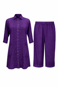 Women's Viscose Embroidered Collar Cord Set Two Pieces Casual Shirt Top and <b>Pants</b> Manufacturer - Product Image 2
