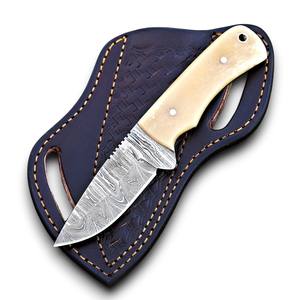 Cuchillo de Acero de Damasco de Grado Industrial con Hoja Fija de Punta Caída para Camping, Caza y Uso Diario (EDC), Mango de Hueso de Camello, 7 Pulgadas de Longitud Total, OEM, MOQ Bajo - Product Image 1