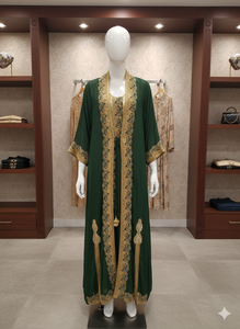 Abaya Kaftan en Georgette Vert Émeraude Royal, Brodé à la Main, Élégant, pour Fête de l'Aïd, Tenue de Soirée de Luxe, avec Broderie Zari Intricate, Longueur au Sol - Product Image 4