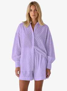 Women Lavender Button Down Shirt <b>and</b> Shorts <b>Set</b> <b>Long</b> Sleeve Turn Down Collar Loose Casual 2 Piece Outfit - Product Image 1