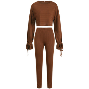 Ensemble de survêtement côtelé grande taille pour femme, col carré, haut court à manches longues, pantalon skinny, tenue décontractée pour le printemps - Product Image 6