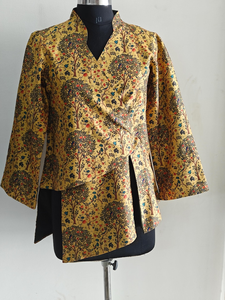 Yellow Madhubani Print Tusser Silk Overlap Jacket l Mustard Floral Printed <b>Tunic</b> Top - Product Image 3