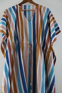 Vintage Boho Striped Block Print Multicolor Kaftan Dress With <b>Tie</b> <b>Back</b> Loose Fit Short Sleeve Cotton Summer Long Dress - Product Image 3