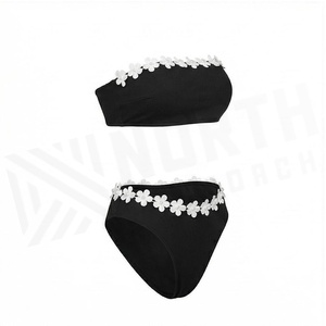 Women Black 2 Piece <b>Bikini</b> <b>Set</b> Bandeau Top With 3D White Flower Applique Ribbed Stretch Fabric Hipster Bottoms - Product Image 3