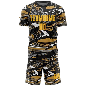 Ensemble maillot et short de football sublimé en gros, motif camouflage noir et or, col rond, manches courtes, anti-humidité, unisexe - Product Image 2