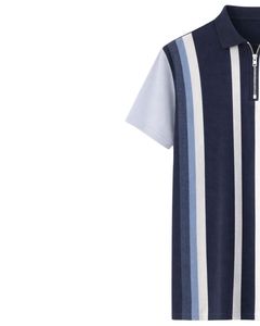 Manufacturer Mens Half Zip <b>Polo</b> <b>Shirt</b> <b>Navy</b> <b>Blue</b> And White Vertical Stripe Short Sleeve Casual Knit Top Custom Manufacturer OEM - Product Image 2