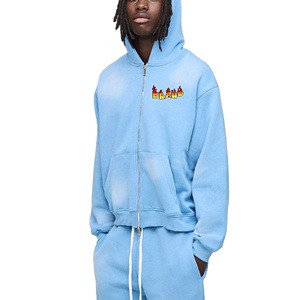 เสื้อฮู้ดดี้ผู้ชายคุณภาพพรีเมียม ผ้าฝ้าย 100% ทรงโอเวอร์ไซส์ สีฟ้าซีดแบบซันเฟด ซิปปักลาย  แบบไหล่ตก สำหรับฤดูหนาว - Product Image 1