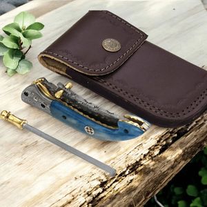 Cuchillos Plegables de Caza de Estilo Profesional con Empuñadura Azul, Tapas Metálicas y Funda Protectora de Cuero para Caza y Camping - Product Image 3