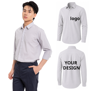 เสื้อเชิ้ตผู้ชายสีเทา ผ้าป๊อปลิน แขนยาว ปกคอพับ สีพื้น ปักโลโก้ได้ตามต้องการ ด้านหน้าและด้านหลัง ดีไซน์สำหรับใส่ในโอกาสทางการ ฤดูใบไม้ผลิ - Product Image 1